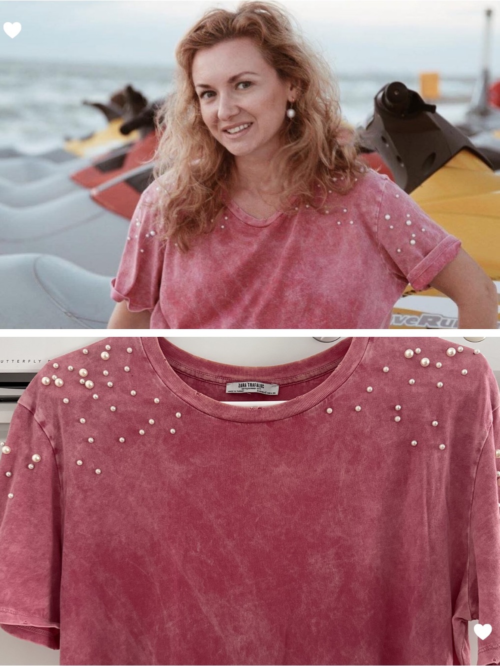 ZARA Pearl Embellished Distressed Tee Size S Washed Pink Oversized Tshirt